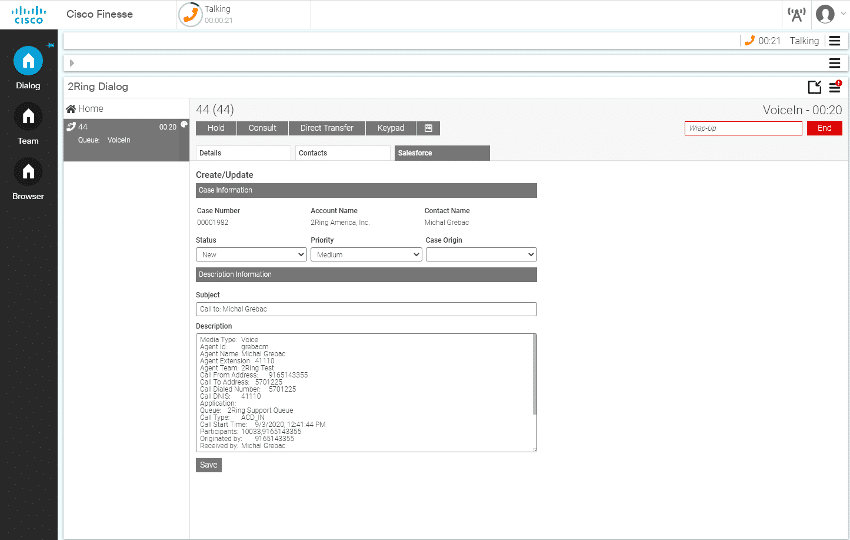 2Ring - A salesforce profile app inside Cisco Finesse for Creating and Updating Tickets