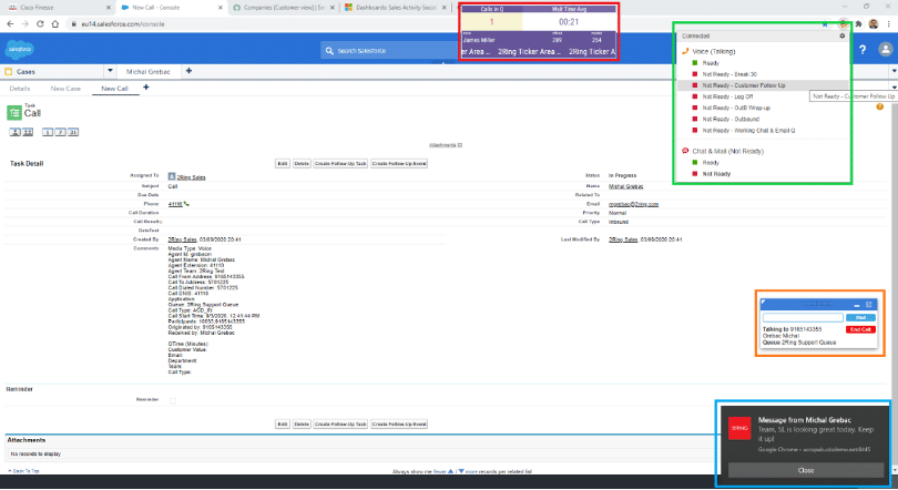 2Ring Salesforce Integrated with Cisco Finesse - A agent is on a call and using salesforce console mode