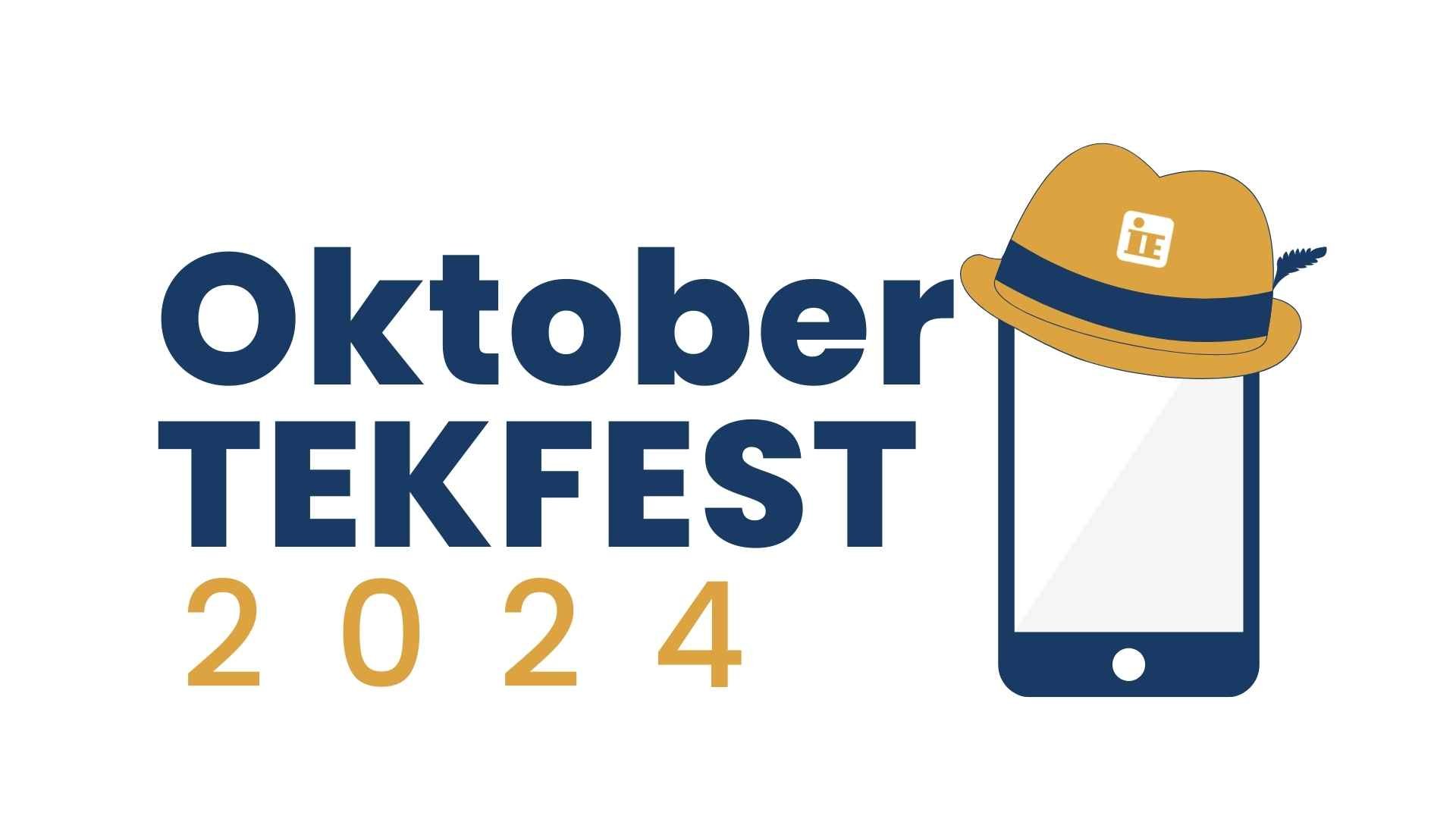 2024 OktoberTekfest Logo with blue and orange phone and hate with IE logo.