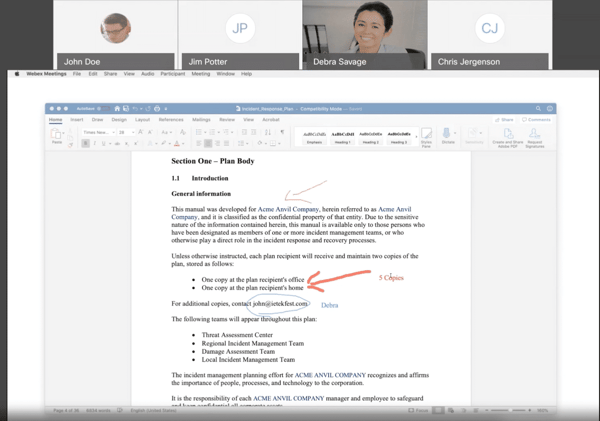 Annotating the Incident Response Document in Webex