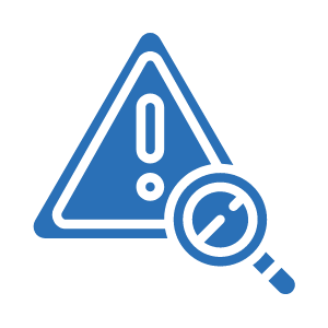 Security Risk Assessment Icon, Blue with Triangle and a exclamation point in the middle with a magnifying glass.