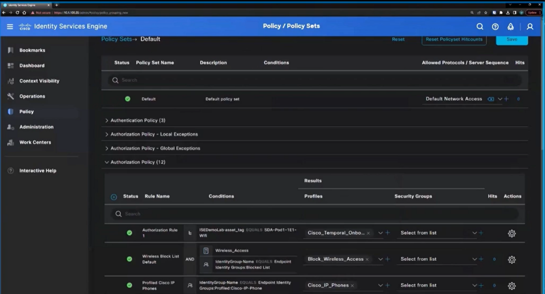 ISE Policy Sets dashboard screenshot. This show where you can set your policies in the Cisco ISE dashboard